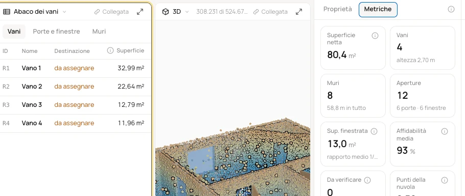 Abaco dei vani e metriche nell'app di Ichno