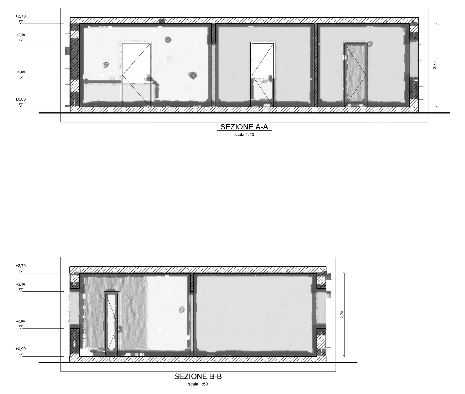 Tavola delle sezioni A-A e B-B con ortofoto della nuvola sotto le linee